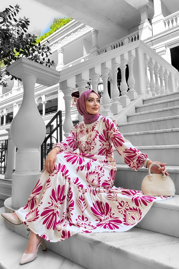 Bohem Desenli Viskon Elbise Fuşya Bohem Desenli Viskon Elbise Fuşya