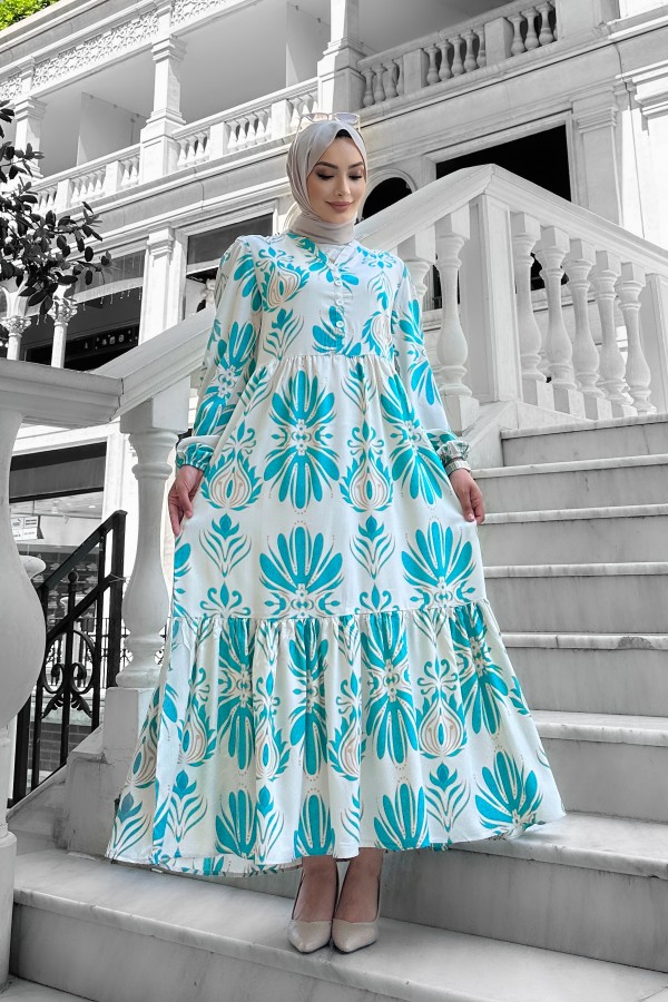 Bohem Desenli Viskon Elbise Turkuaz Bohem Desenli Viskon Elbise Turkuaz