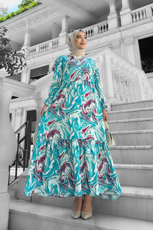 Lolita Viskon Desenli Elbise Mavi