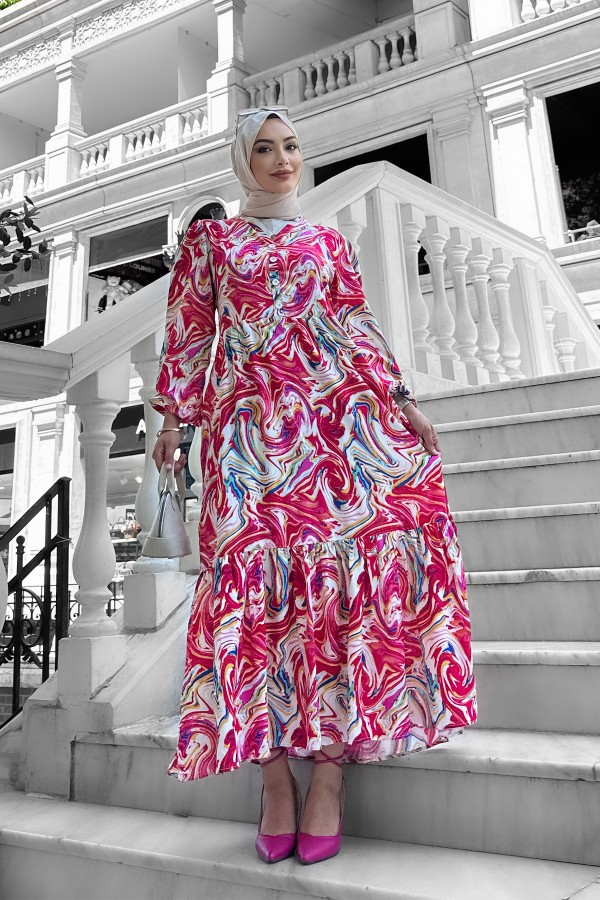 Lolita Viskon Desenli Elbise Pudra