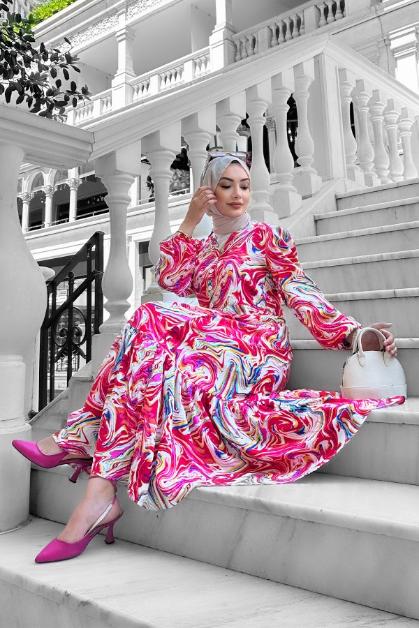 Lolita Viskon Desenli Elbise Pudra