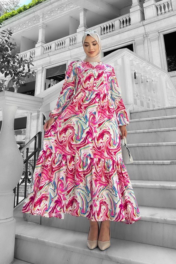 Lolita Viskon Desenli Elbise Fuşya