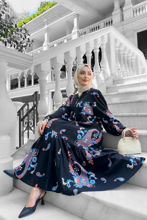 Mango Desenli Viskon Elbise Mavi Mango Desenli Viskon Elbise Mavi