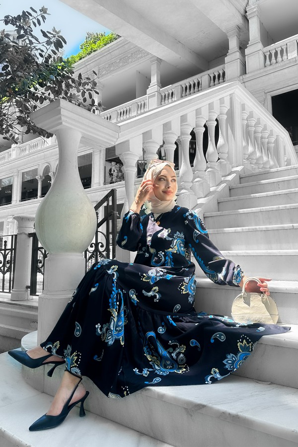 Mango Desenli Viskon Elbise Buz Mavi̇si̇