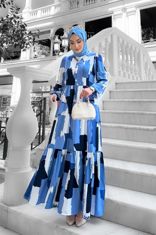 Lena Desenli Viskon Elbise Mavi Lena Desenli Viskon Elbise Mavi