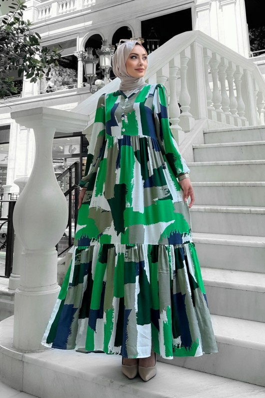 Lena Desenli Viskon Elbise Yeşil Lena Desenli Viskon Elbise Yeşil