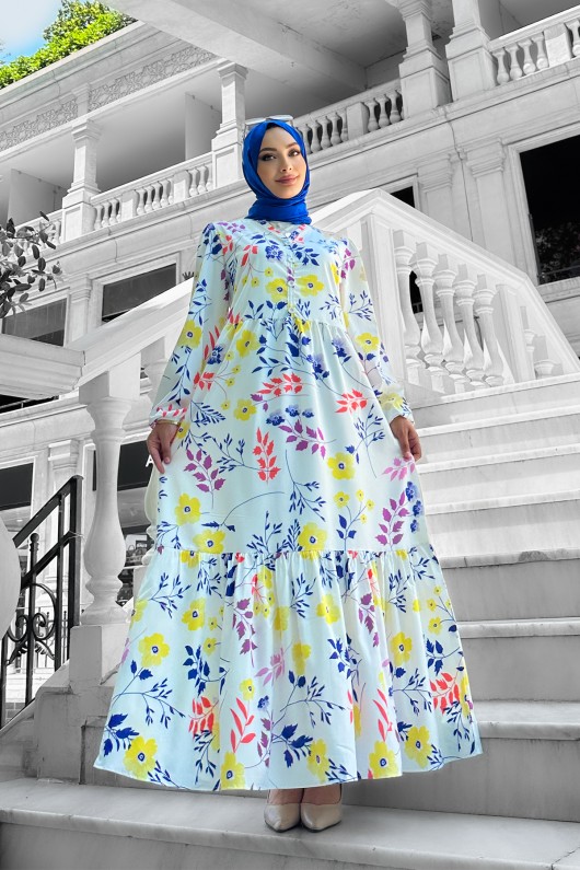 Nazlı Desenli Krep Elbise Mavi Nazlı Desenli Krep Elbise Mavi