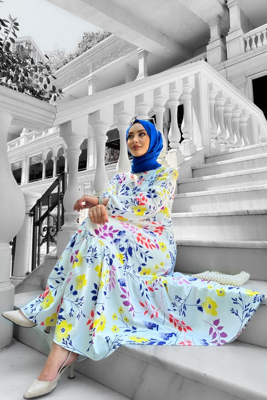 Nazlı Desenli Krep Elbise Mavi Nazlı Desenli Krep Elbise Mavi