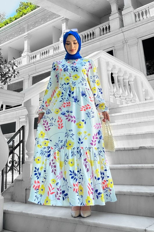 Nazlı Desenli Krep Elbise Mavi Nazlı Desenli Krep Elbise Mavi