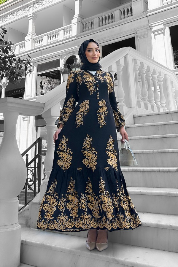 Sultan Desenli Viskon Elbise Siyah