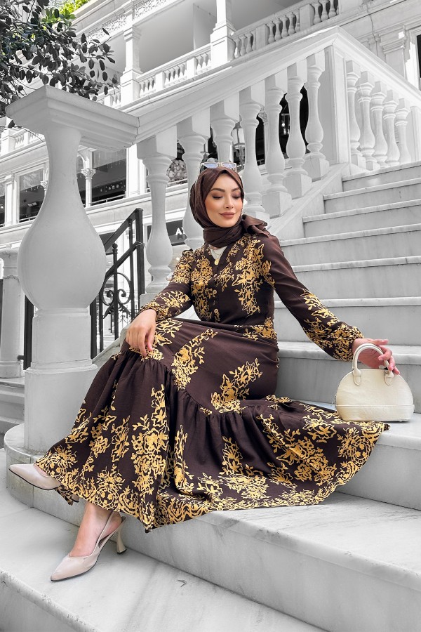 Sultan Desenli Viskon Elbise Kahverengi