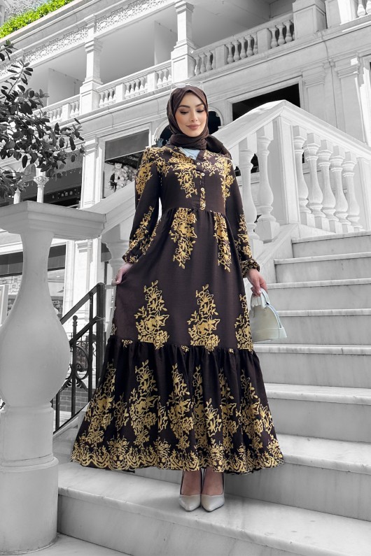 Sultan Desenli Viskon Elbise Kahverengi Sultan Desenli Viskon Elbise Kahverengi