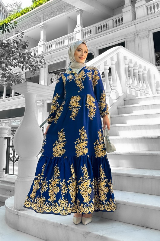 Sultan Desenli Viskon Elbise Lacivert Sultan Desenli Viskon Elbise Lacivert