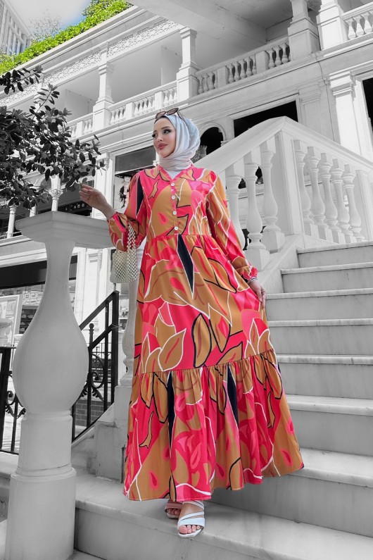 Hawai Desenli Krep Elbise Fuşya Hawai Desenli Krep Elbise Fuşya