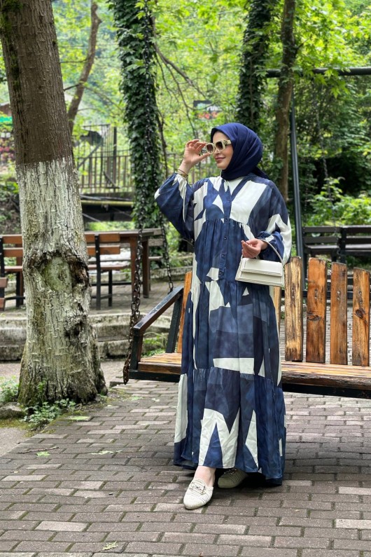 New - Alya Desenli Viskon Elbise - Lacivert New - Alya Desenli Viskon Elbise - Lacivert