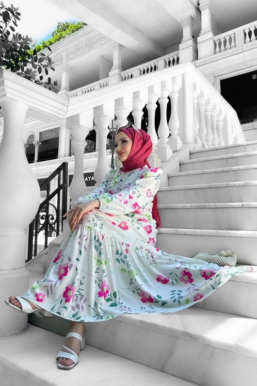 Nazlı Desenli Krep Elbise - Pudra Nazlı Desenli Krep Elbise - Pudra