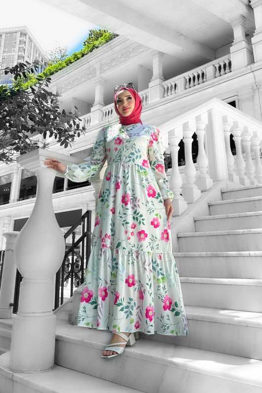 Nazlı Desenli Krep Elbise - Pudra Nazlı Desenli Krep Elbise - Pudra