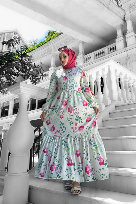 Nazlı Desenli Krep Elbise - Pudra Nazlı Desenli Krep Elbise - Pudra