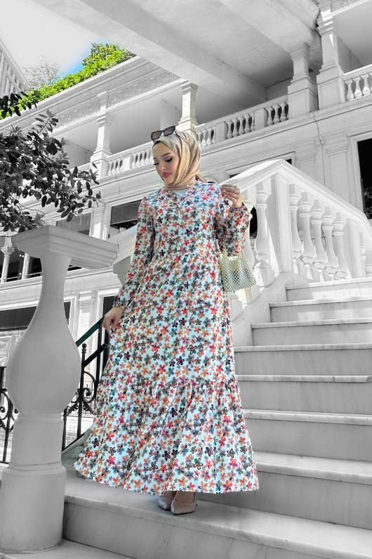 Petunya Desenli Krep Elbise - Beyaz Petunya Desenli Krep Elbise - Beyaz