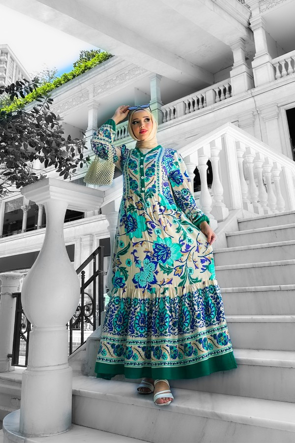 Alaçatı Viskon Desenli Elbise Yeşil