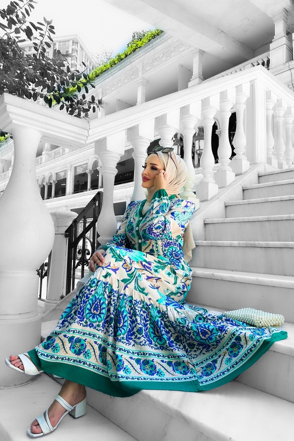 Alaçatı Viskon Desenli Elbise Yeşil