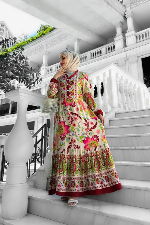 Alaçatı Viskon Desenli Elbise Bordo