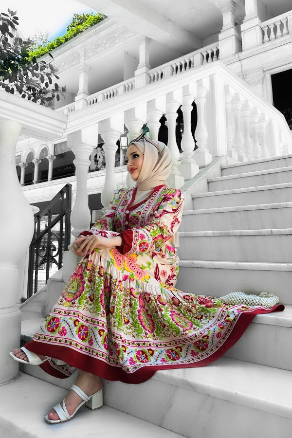 Alaçatı Viskon Desenli Elbise Bordo